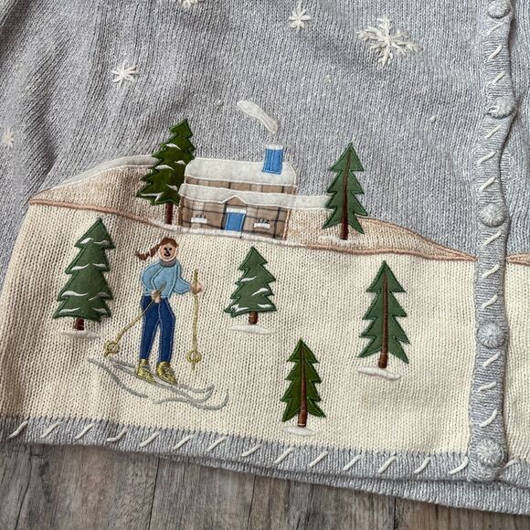 Vintage Ugly Christmas Sweater Cardigan Skiing Embroidered Knit Blue Granny XL - Picture 9 of 9
